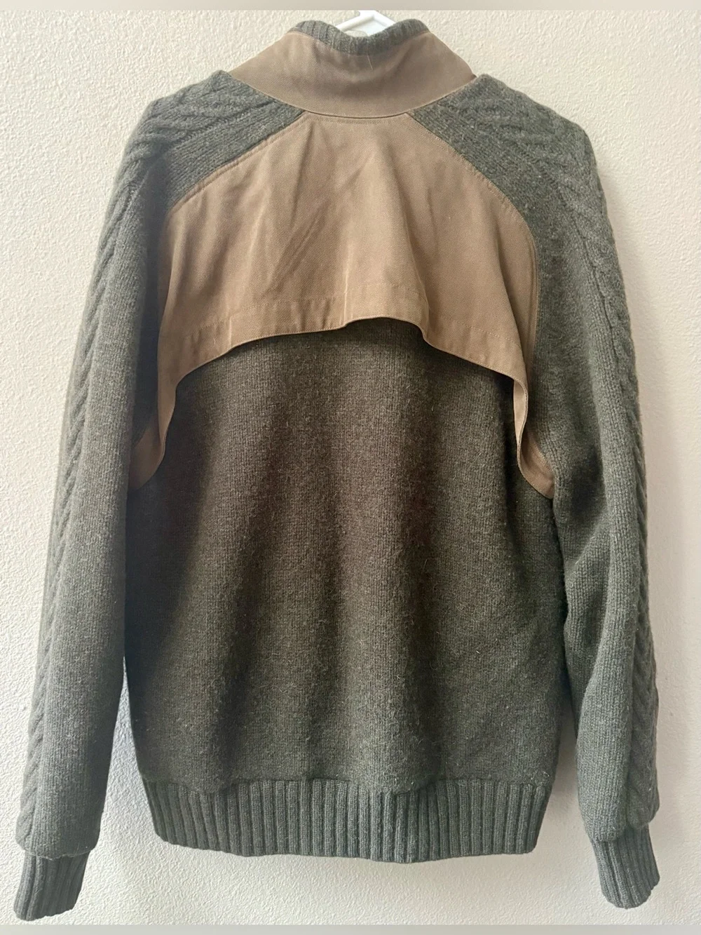 Vtg. Eddie Bauer Merino Green Wool Canvas Patches Cable-Knit Zip Up Sweater Sz.L
